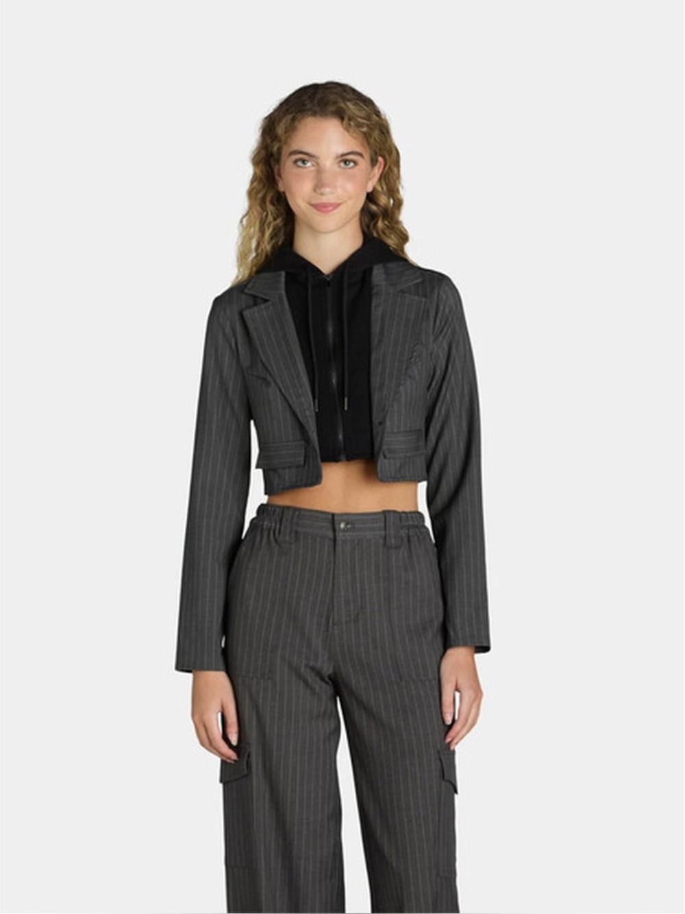Cropped Gray Pinstripe Blazer with Black Hoodie Insert